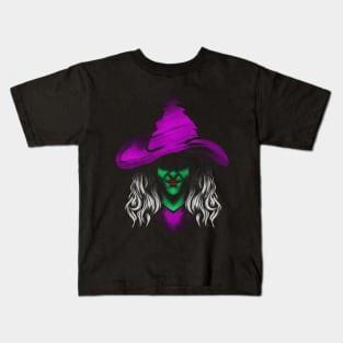 Evil Witch With Green Skin And Purple Hat For Halloween Kids T-Shirt